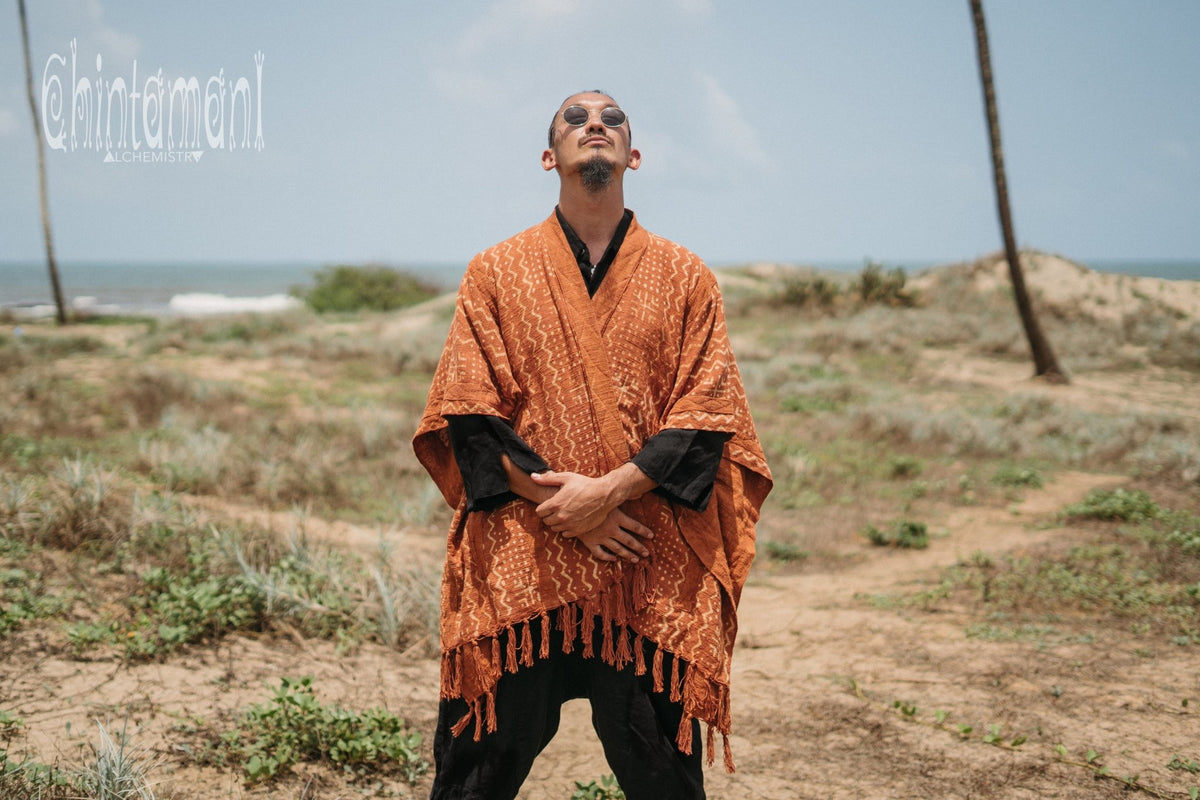 Blanket Poncho with Block Print for Men / Rust - ChintamaniAlchemi