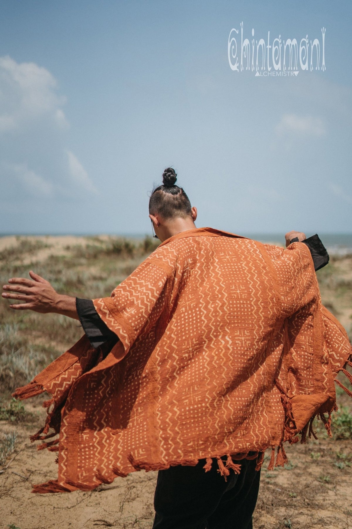 Blanket Poncho with Block Print for Men / Rust - ChintamaniAlchemi