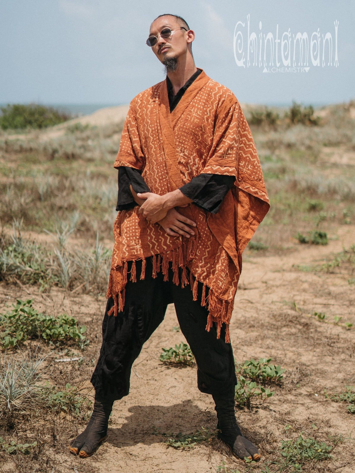 Blanket Poncho with Block Print for Men / Rust - ChintamaniAlchemi