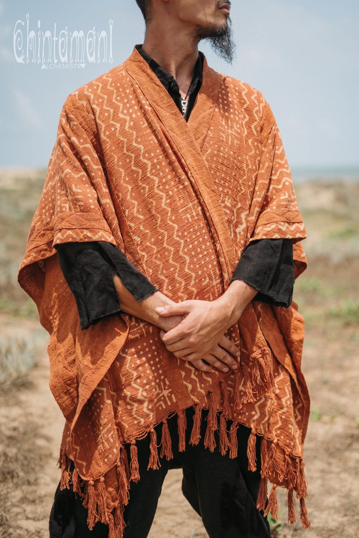 Blanket Poncho with Block Print for Men / Rust - ChintamaniAlchemi