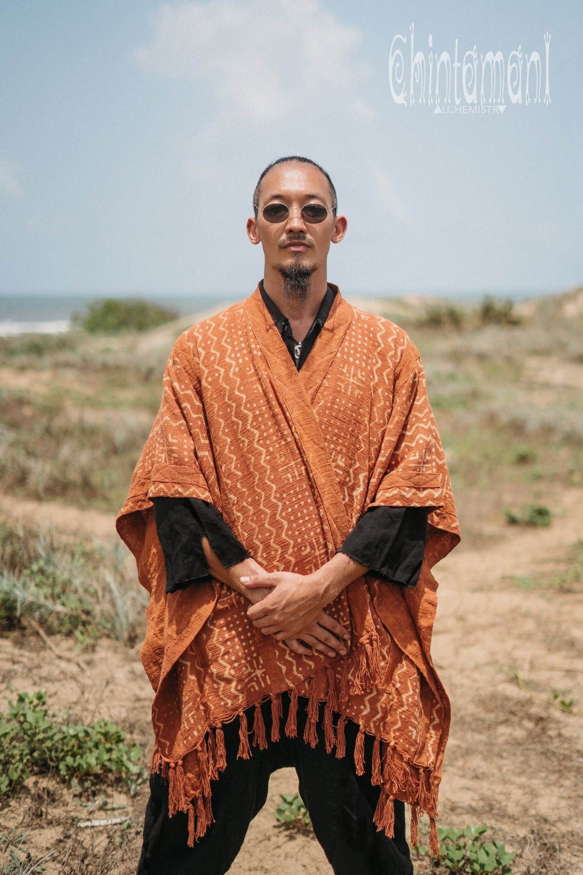 Blanket Poncho with Block Print for Men / Rust - ChintamaniAlchemi