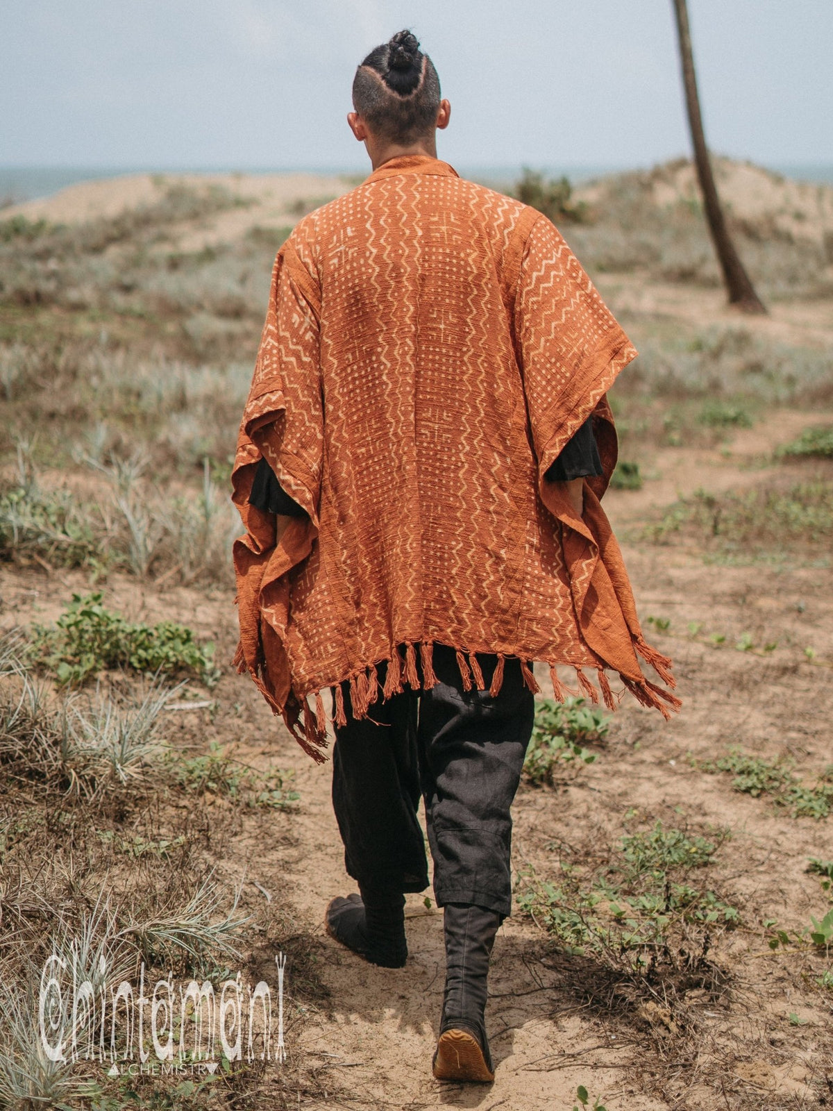 Blanket Poncho with Block Print for Men / Rust - ChintamaniAlchemi