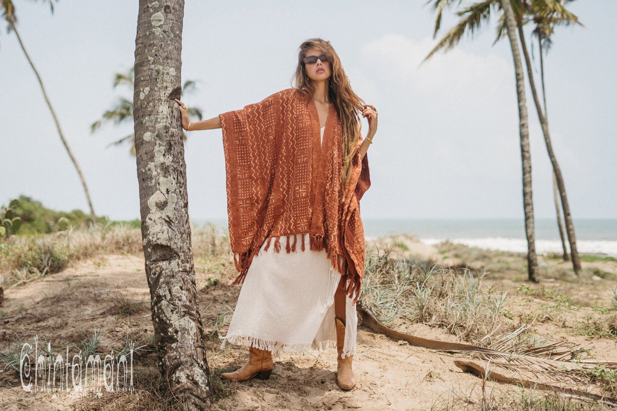 Blanket Poncho with Block Print for Women / Rust - ChintamaniAlchemi