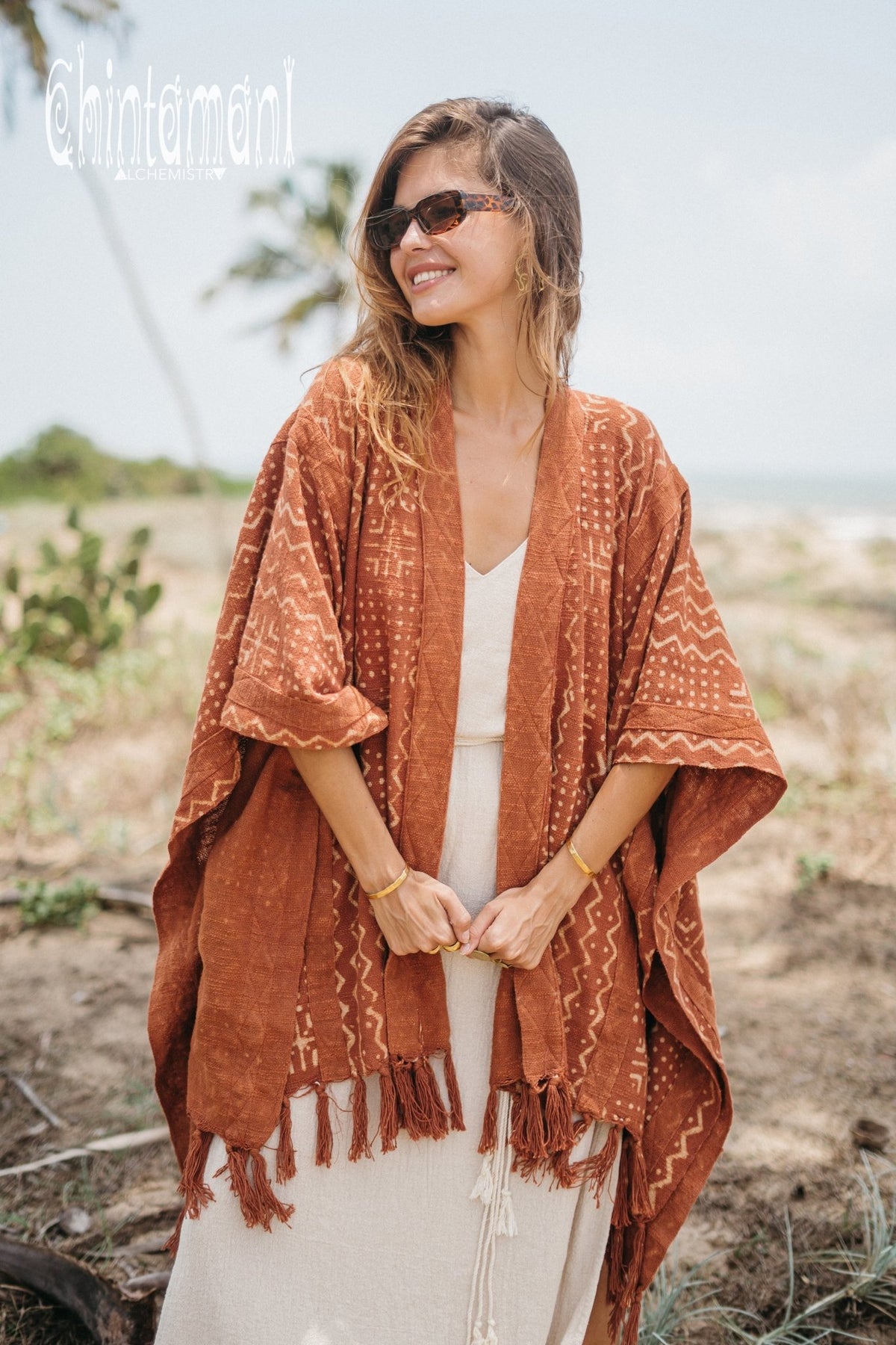 Blanket Poncho with Block Print for Women / Rust - ChintamaniAlchemi