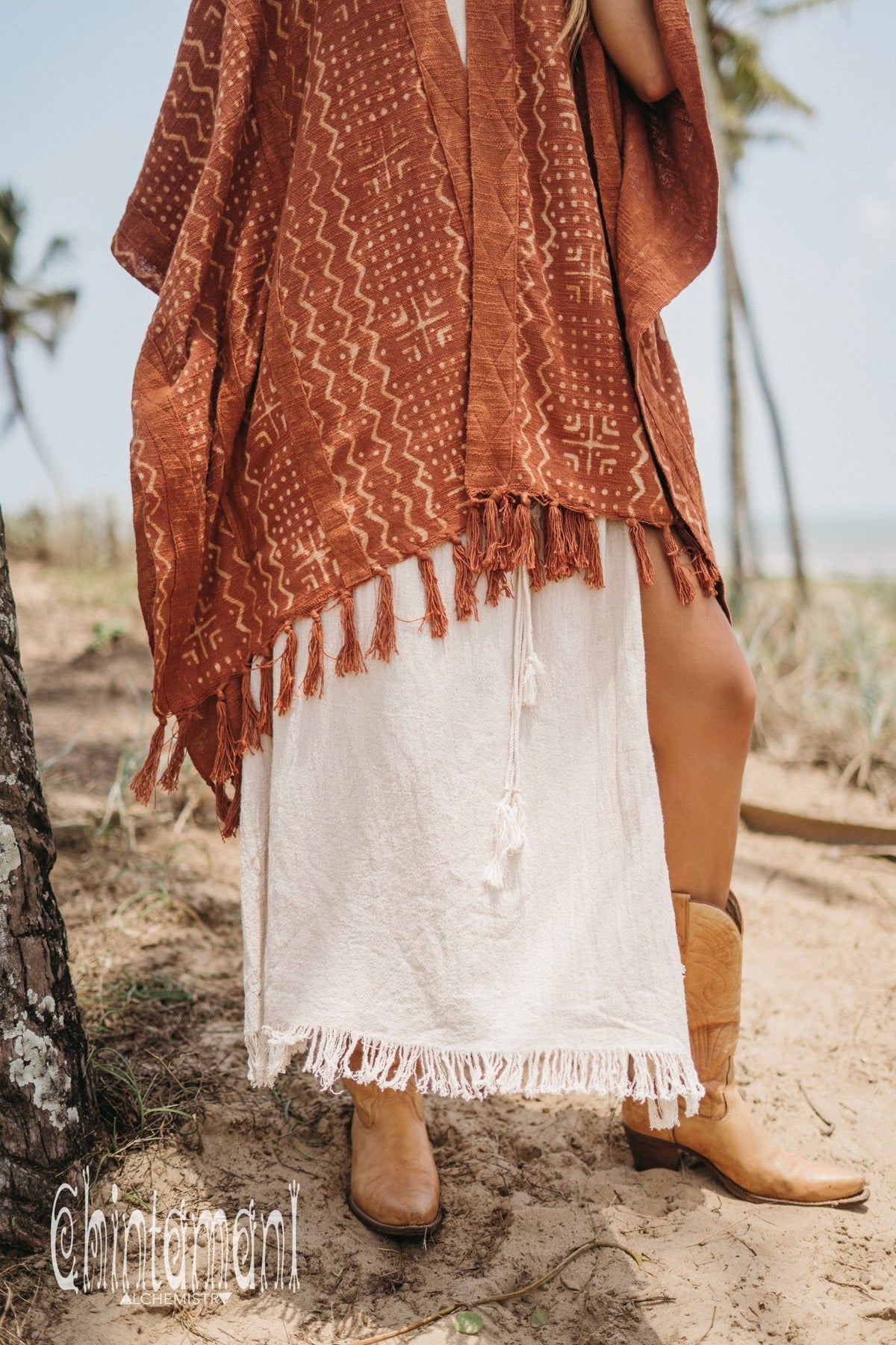 Blanket Poncho with Block Print for Women / Rust - ChintamaniAlchemi