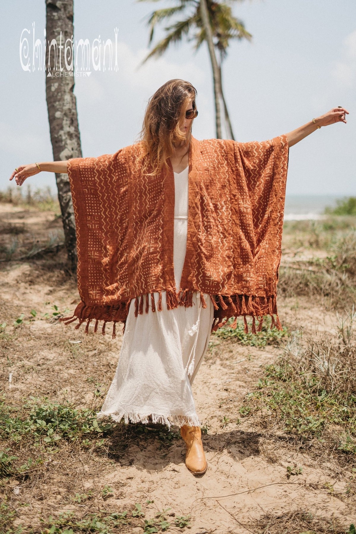 Blanket Poncho with Block Print for Women / Rust - ChintamaniAlchemi