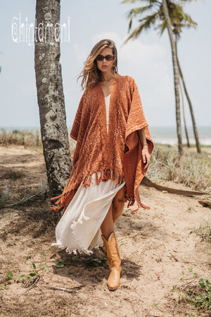 Blanket Poncho with Block Print for Women / Rust - ChintamaniAlchemi