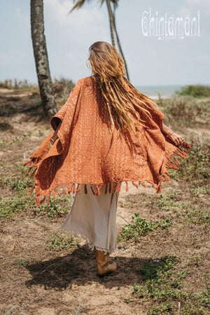 Blanket Poncho with Block Print for Women / Rust - ChintamaniAlchemi
