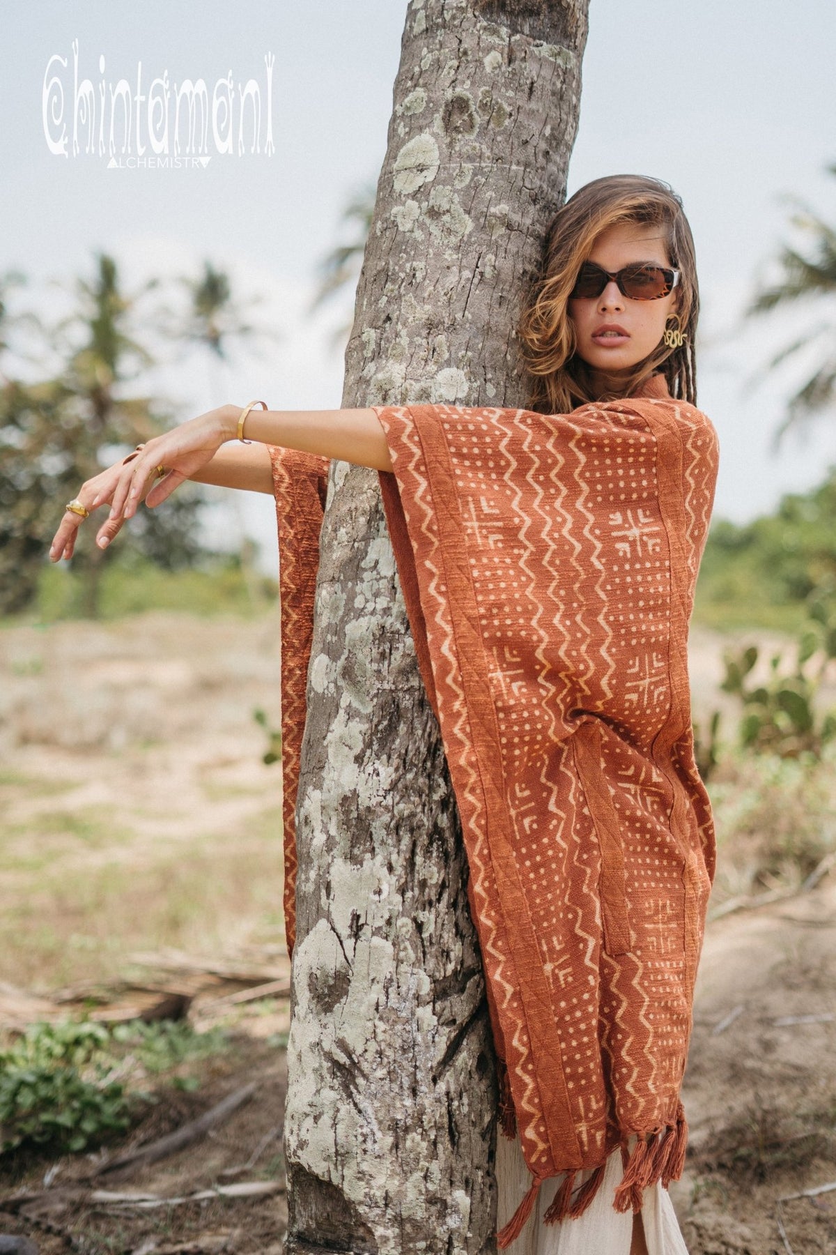 Blanket Poncho with Block Print for Women / Rust - ChintamaniAlchemi