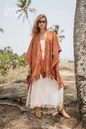 Blanket Poncho with Block Print for Women / Rust - ChintamaniAlchemi