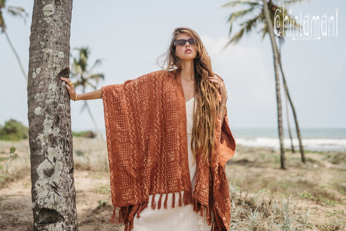 Blanket Poncho with Block Print for Women / Rust - ChintamaniAlchemi