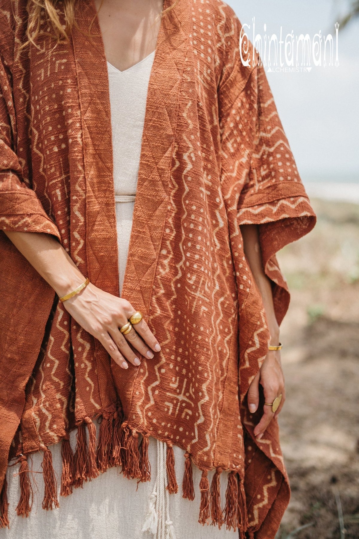 Blanket Poncho with Block Print for Women / Rust - ChintamaniAlchemi