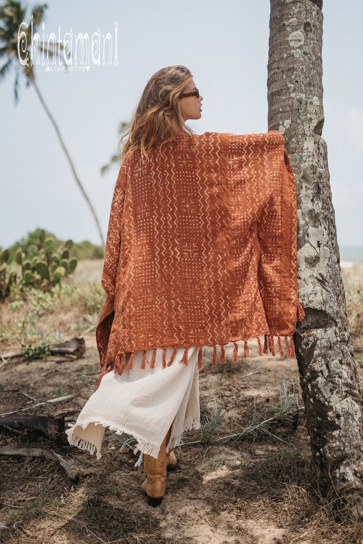 Blanket Poncho with Block Print for Women / Rust - ChintamaniAlchemi