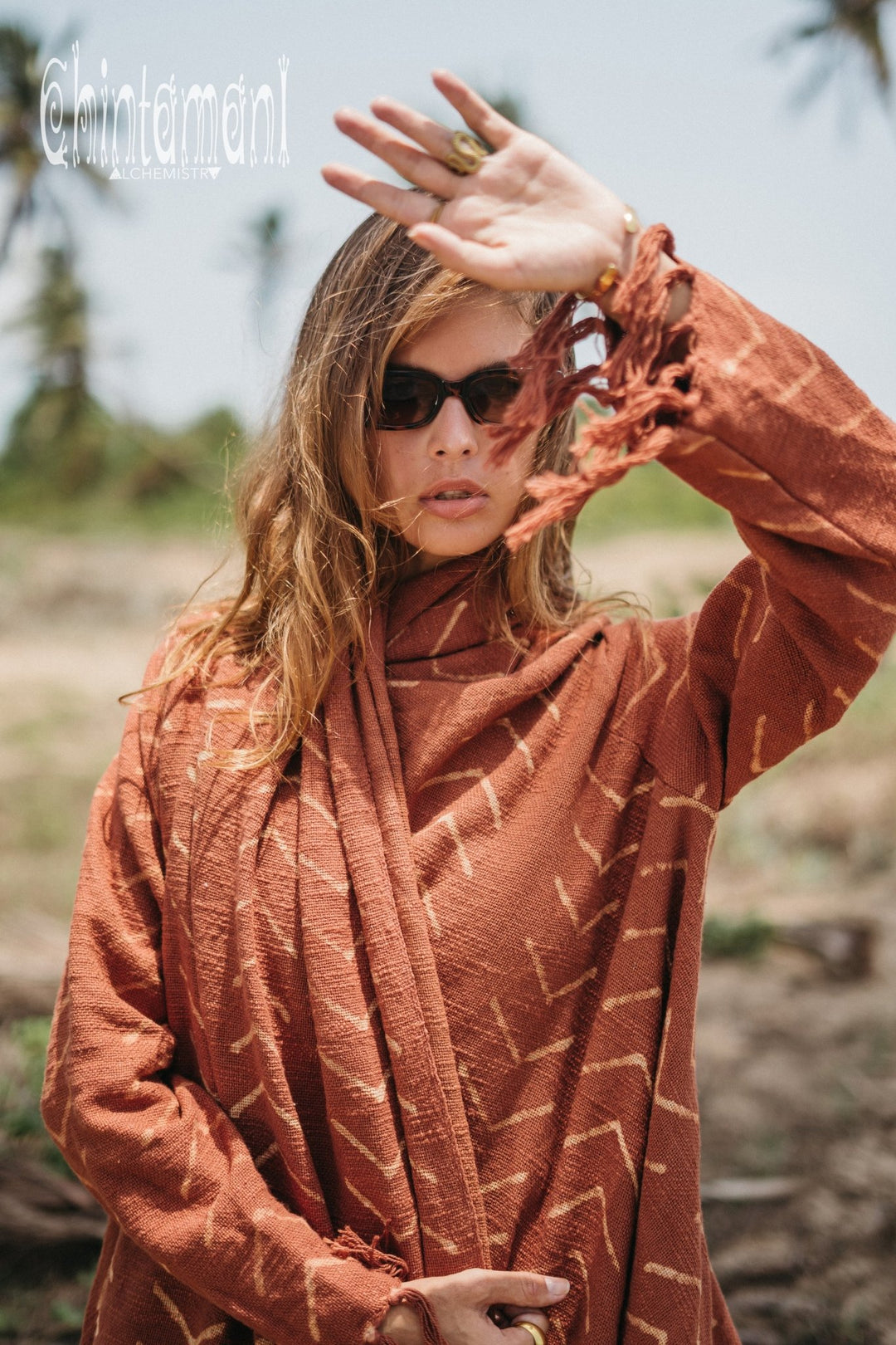 Blanket Sleeves Shawl with Block Print / Rust - ChintamaniAlchemi