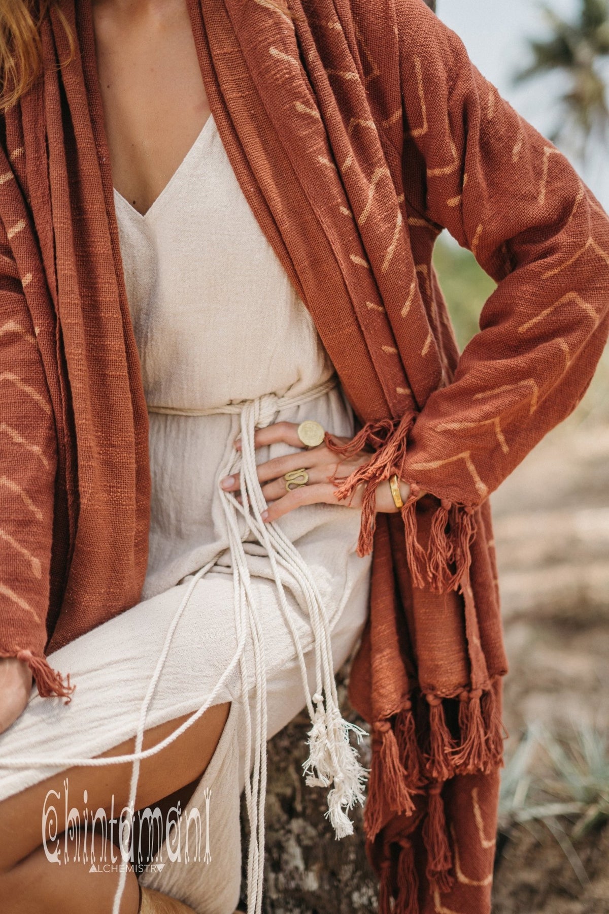 Blanket Sleeves Shawl with Block Print / Rust - ChintamaniAlchemi