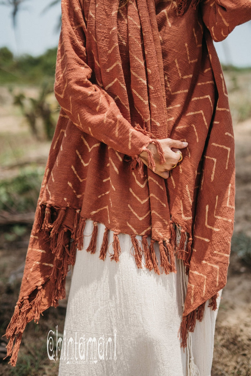 Blanket Sleeves Shawl with Block Print / Rust - ChintamaniAlchemi