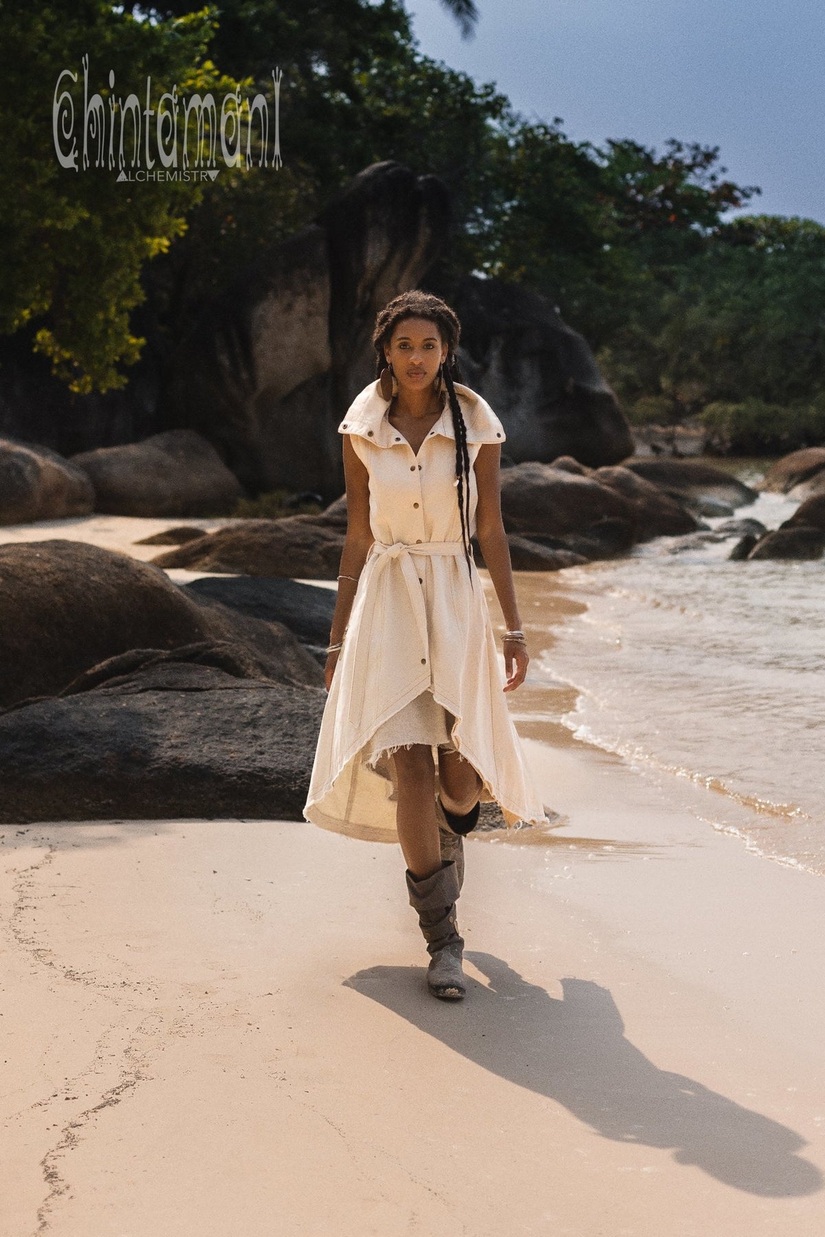 Bohemian Denim Frock Coat / Stonewashed Denim / Off White - ChintamaniAlchemi