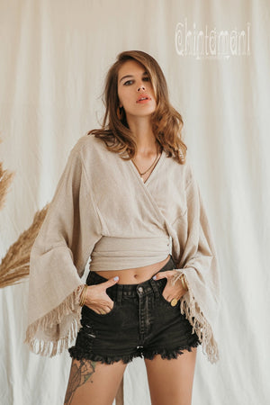 Boho Kimono Wrap Top for Women / Wide Sleeve Organic Crop Top / Beige - ChintamaniAlchemi