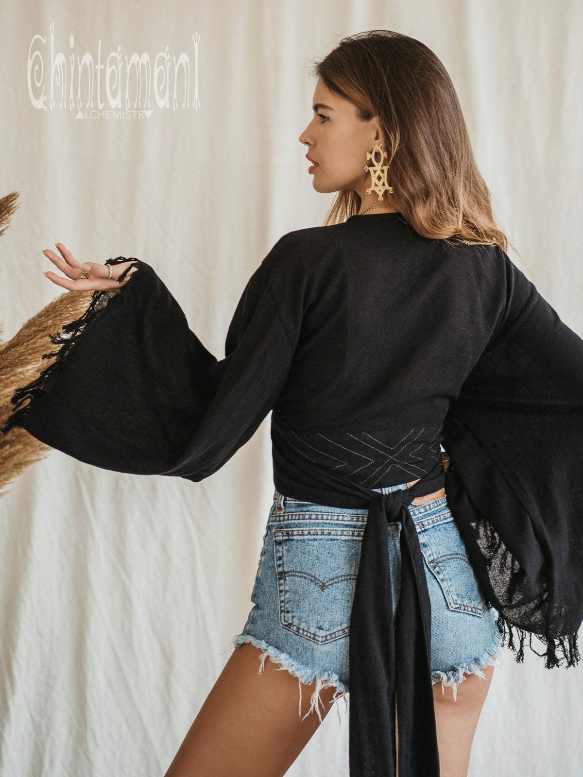 Boho Kimono Wrap Top for Women / Wide Sleeve Organic Crop Top / Black - ChintamaniAlchemi