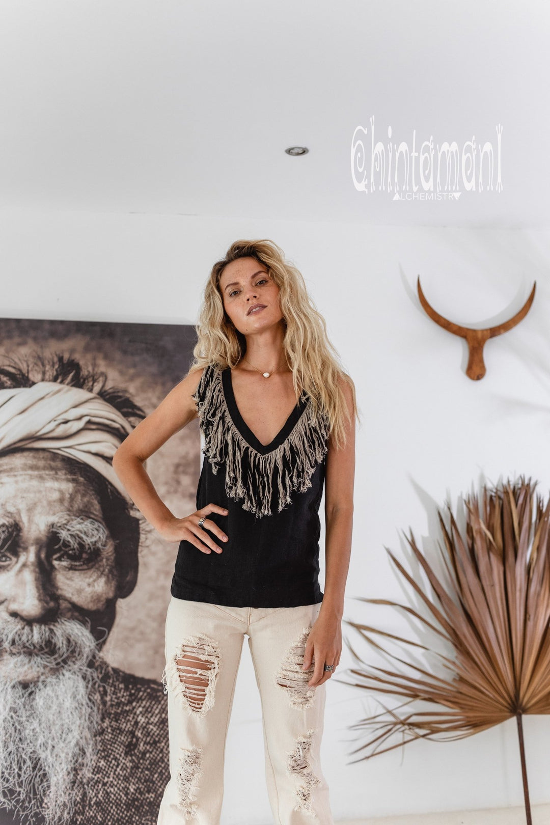 Boho Linen Tank Top with Fringes / Black - ChintamaniAlchemi