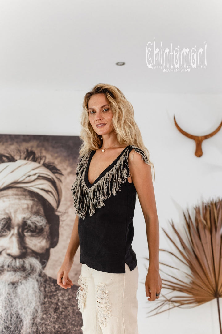 Boho Linen Tank Top with Fringes / Black - ChintamaniAlchemi