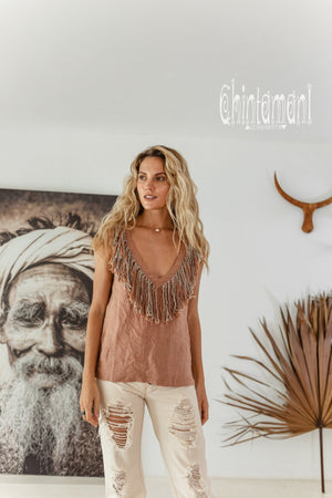 Boho Linen Tank Top with Fringes / Dusty Pink - ChintamaniAlchemi