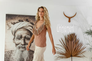 Boho Linen Tank Top with Fringes / Dusty Pink - ChintamaniAlchemi