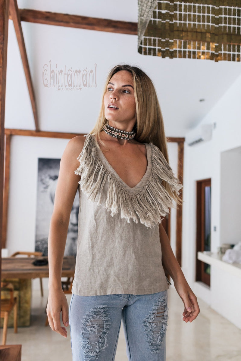 Boho Linen Tank Top with Fringes / Gray - ChintamaniAlchemi