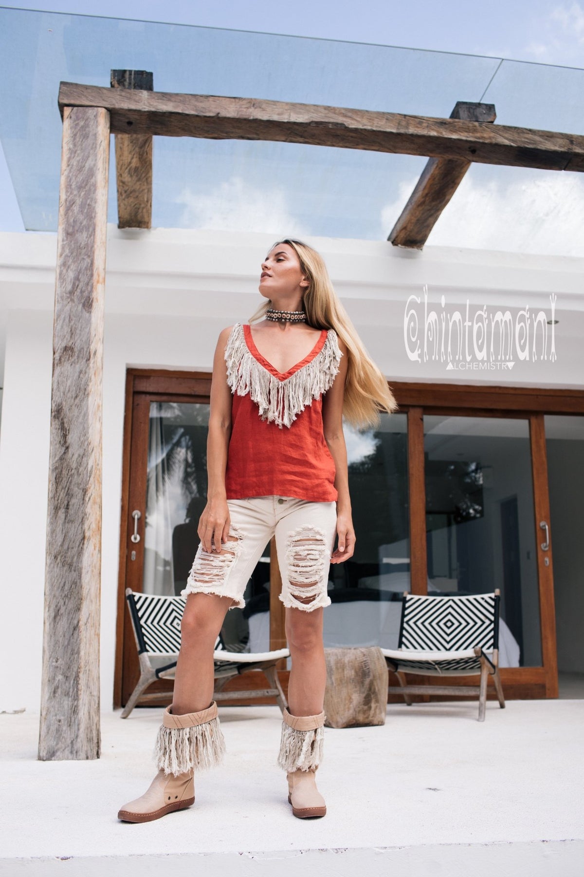 Boho Linen Tank Top with Fringes / Red Ochre - ChintamaniAlchemi