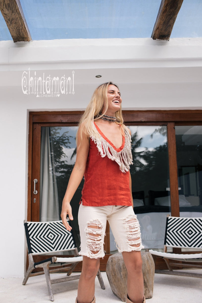 Boho Linen Tank Top with Fringes / Red Ochre - ChintamaniAlchemi