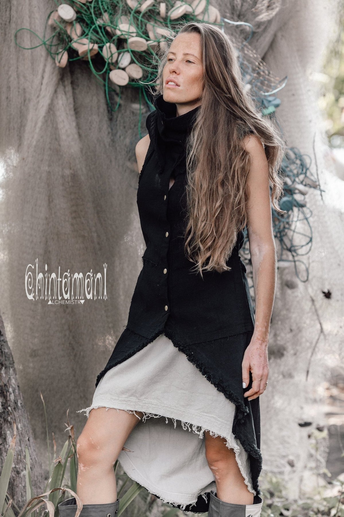 Boho Vest Jacket for Women / Frock Coat with Big Hood &amp; Ouroboros Dragon Belt / Black - ChintamaniAlchemi