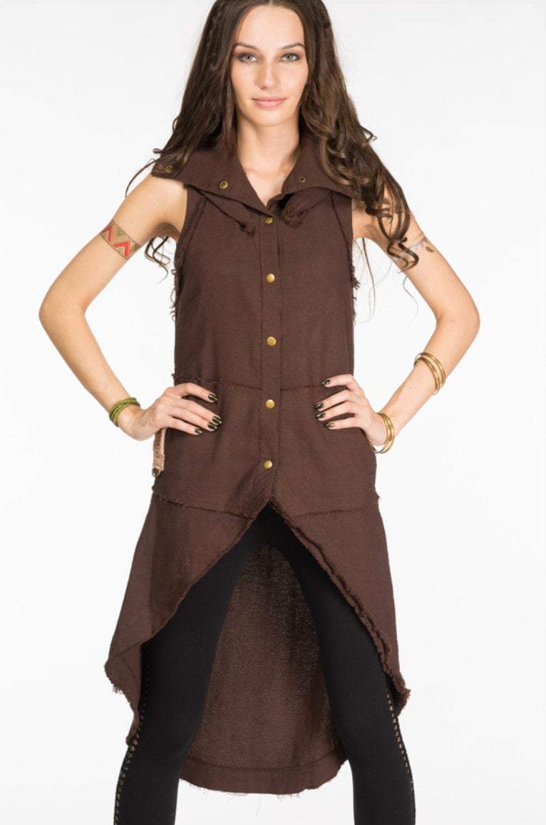 Boho Vest Jacket for Women / Frock Coat with Big Hood &amp; Ouroboros Dragon Belt / Brown - ChintamaniAlchemi