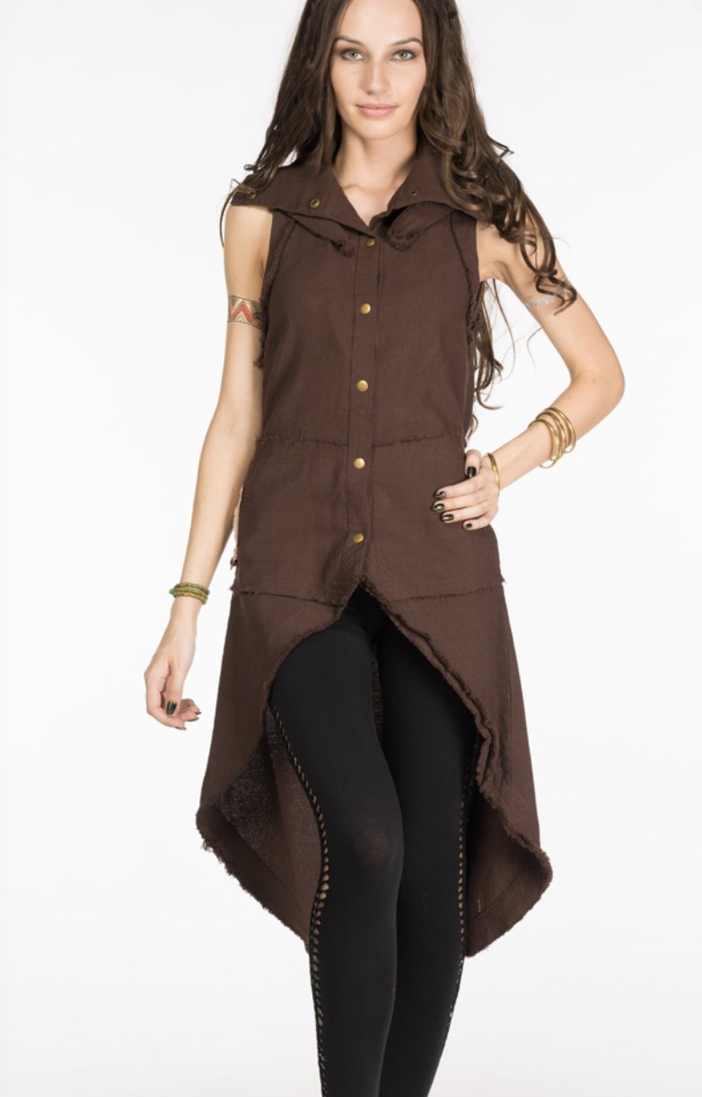 Boho Vest Jacket for Women / Frock Coat with Big Hood &amp; Ouroboros Dragon Belt / Brown - ChintamaniAlchemi