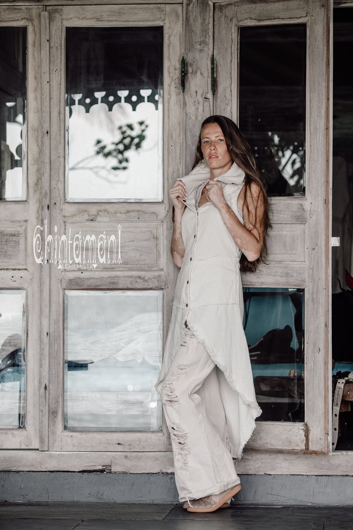 Boho Vest Jacket for Women / Frock Coat with Big Hood &amp; Ouroboros Dragon Belt / Off White - ChintamaniAlchemi