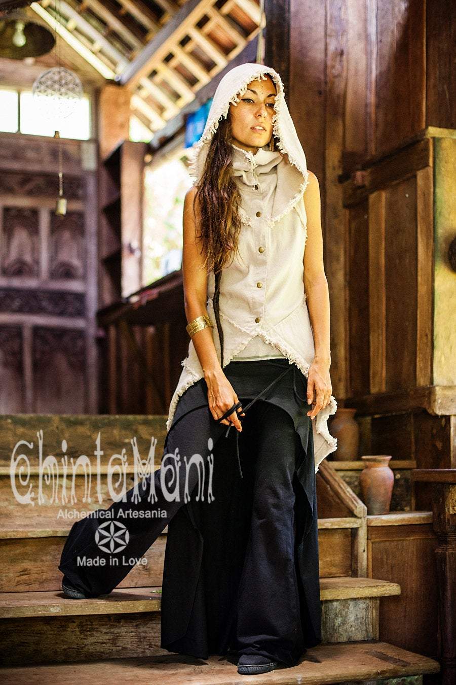 Boho Vest Jacket for Women / Frock Coat with Big Hood &amp; Ouroboros Dragon Belt / Off White - ChintamaniAlchemi