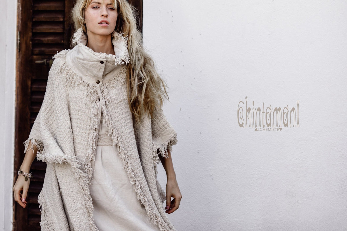 Burning Man Poncho Coat for Women / Freaky Kaftan Jacket with Wide Sleeves / Off White - ChintamaniAlchemi