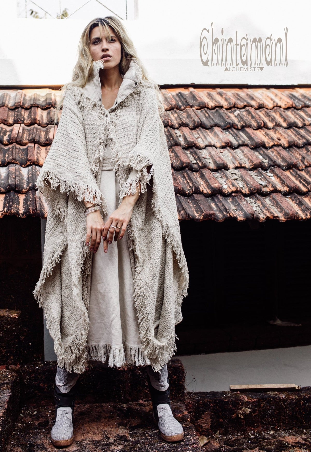 Burning Man Poncho Coat for Women / Freaky Kaftan Jacket with Wide Sleeves / Off White - ChintamaniAlchemi