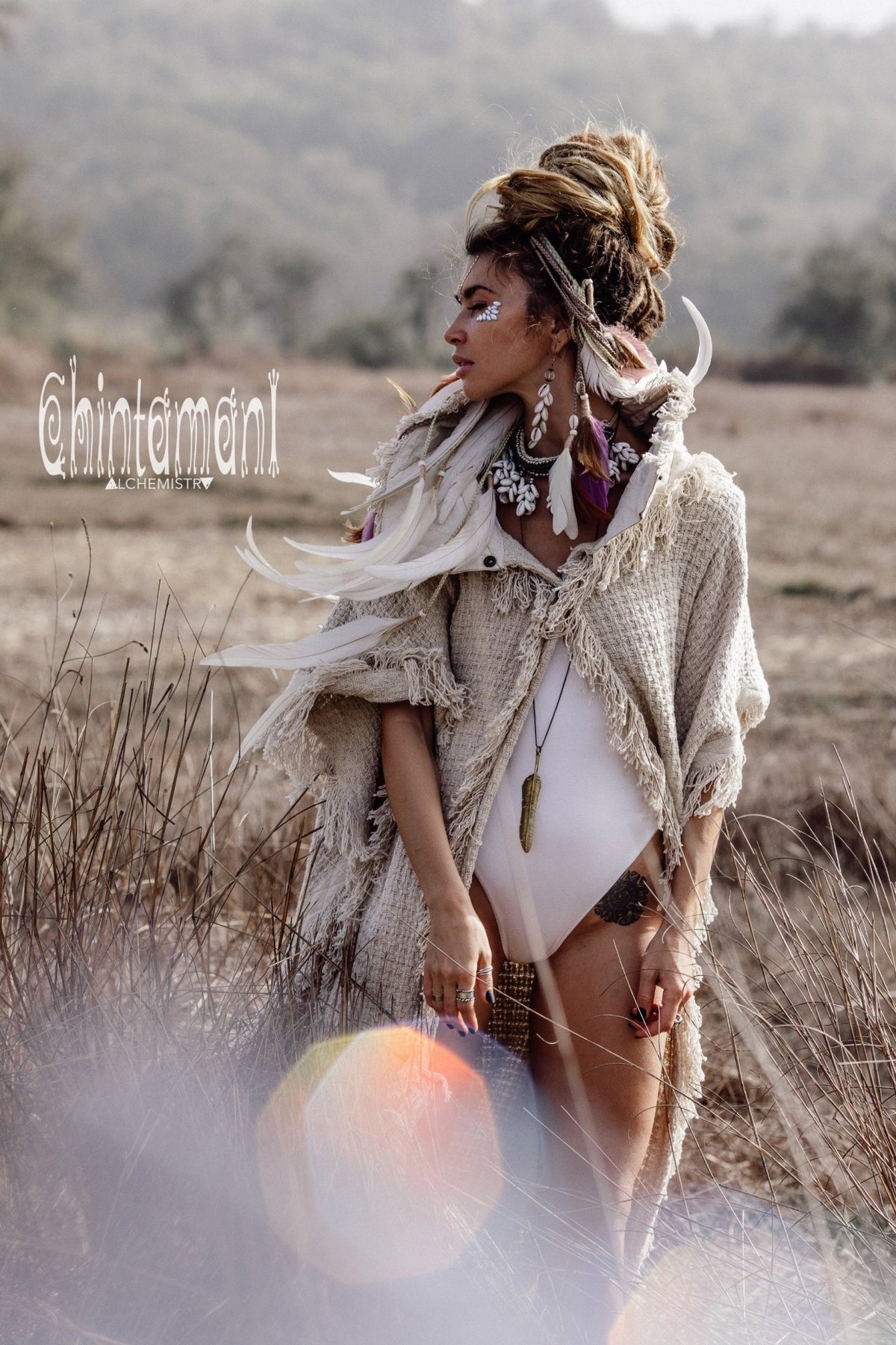 Burning Man Poncho Coat for Women / Freaky Kaftan Jacket with Wide Sleeves / Off White - ChintamaniAlchemi