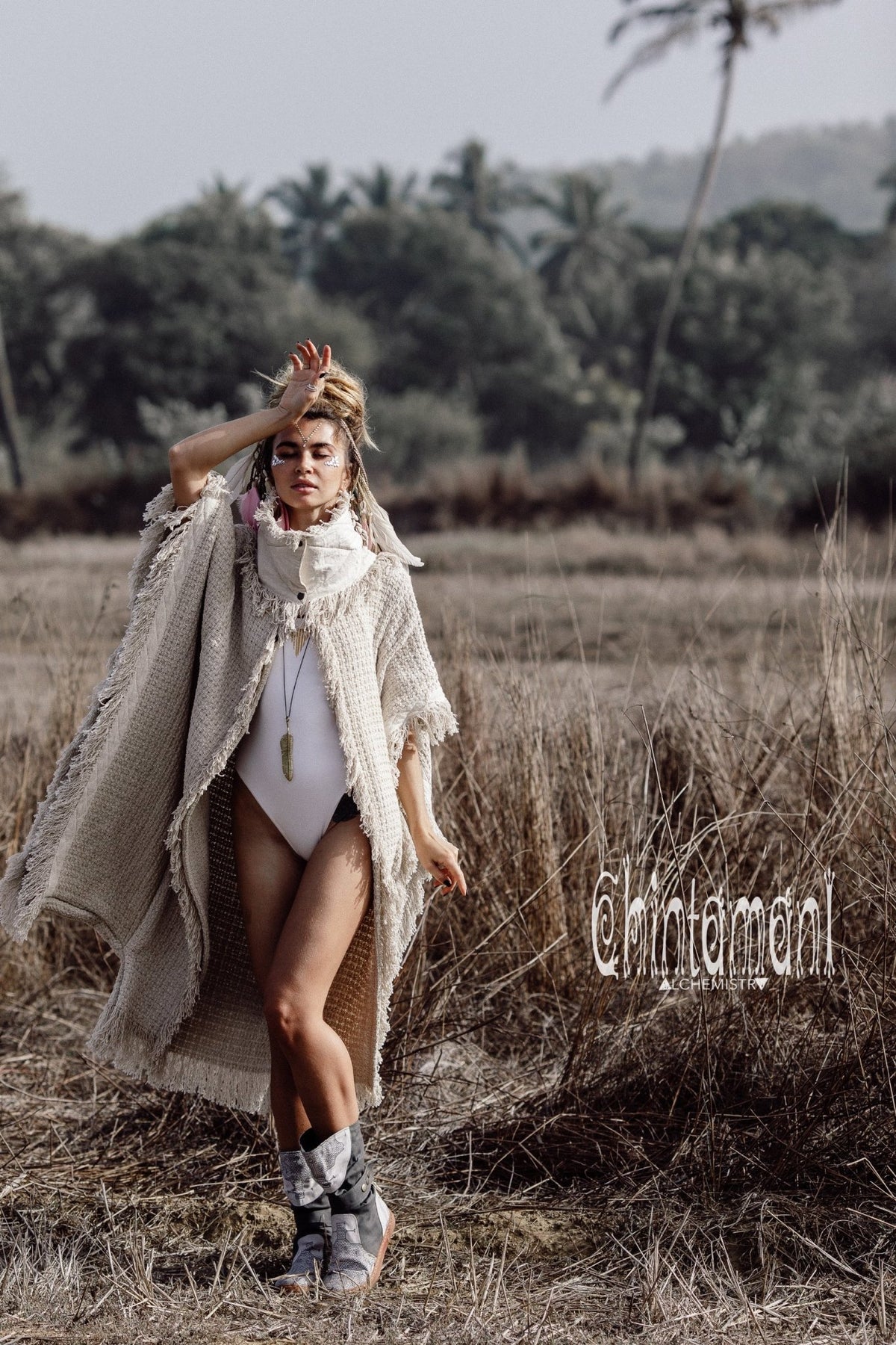 Burning Man Poncho Coat for Women / Freaky Kaftan Jacket with Wide Sleeves / Off White - ChintamaniAlchemi