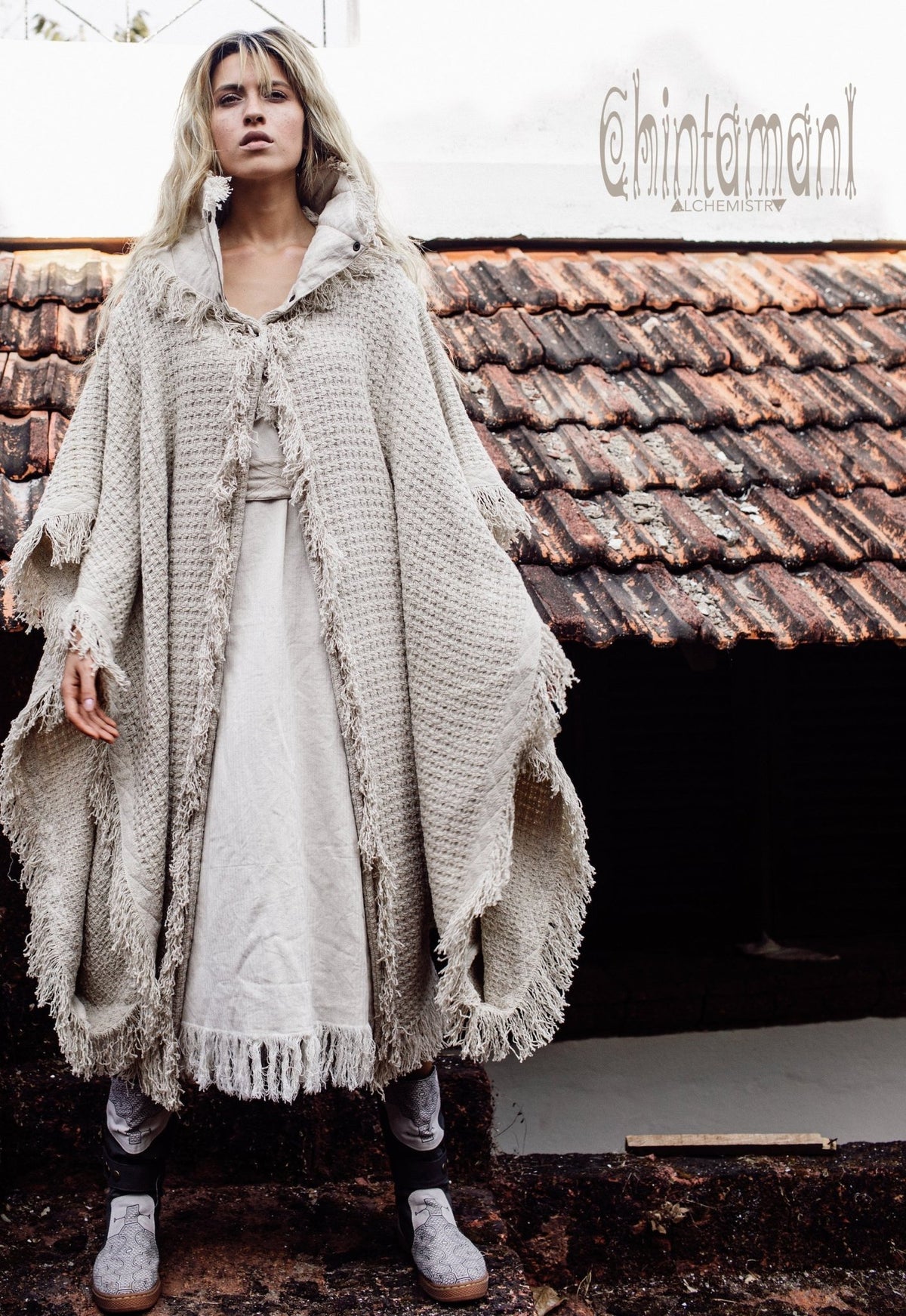 Burning Man Poncho Coat for Women / Freaky Kaftan Jacket with Wide Sleeves / Off White - ChintamaniAlchemi