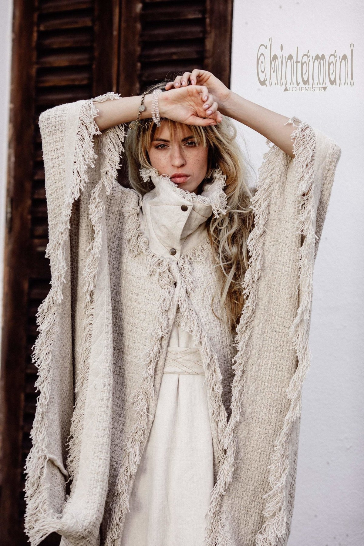 Burning Man Poncho Coat for Women / Freaky Kaftan Jacket with Wide Sleeves / Off White - ChintamaniAlchemi