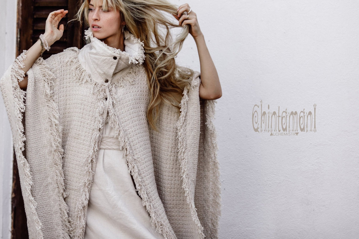 Burning Man Poncho Coat for Women / Freaky Kaftan Jacket with Wide Sleeves / Off White - ChintamaniAlchemi