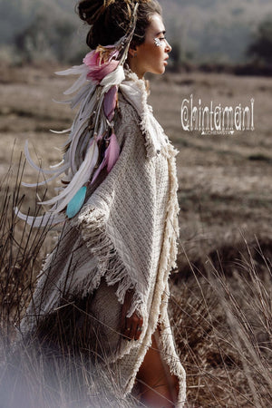 Burning Man Poncho Coat for Women / Freaky Kaftan Jacket with Wide Sleeves / Off White - ChintamaniAlchemi