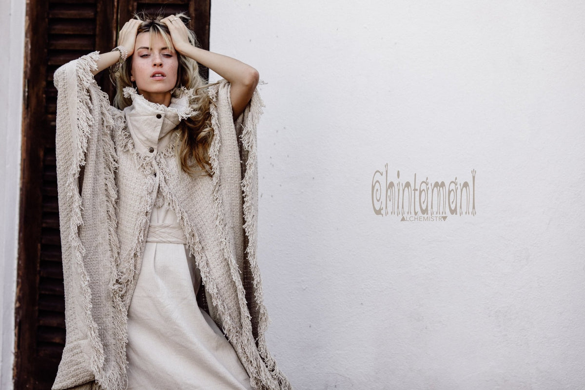 Burning Man Poncho Coat for Women / Freaky Kaftan Jacket with Wide Sleeves / Off White - ChintamaniAlchemi