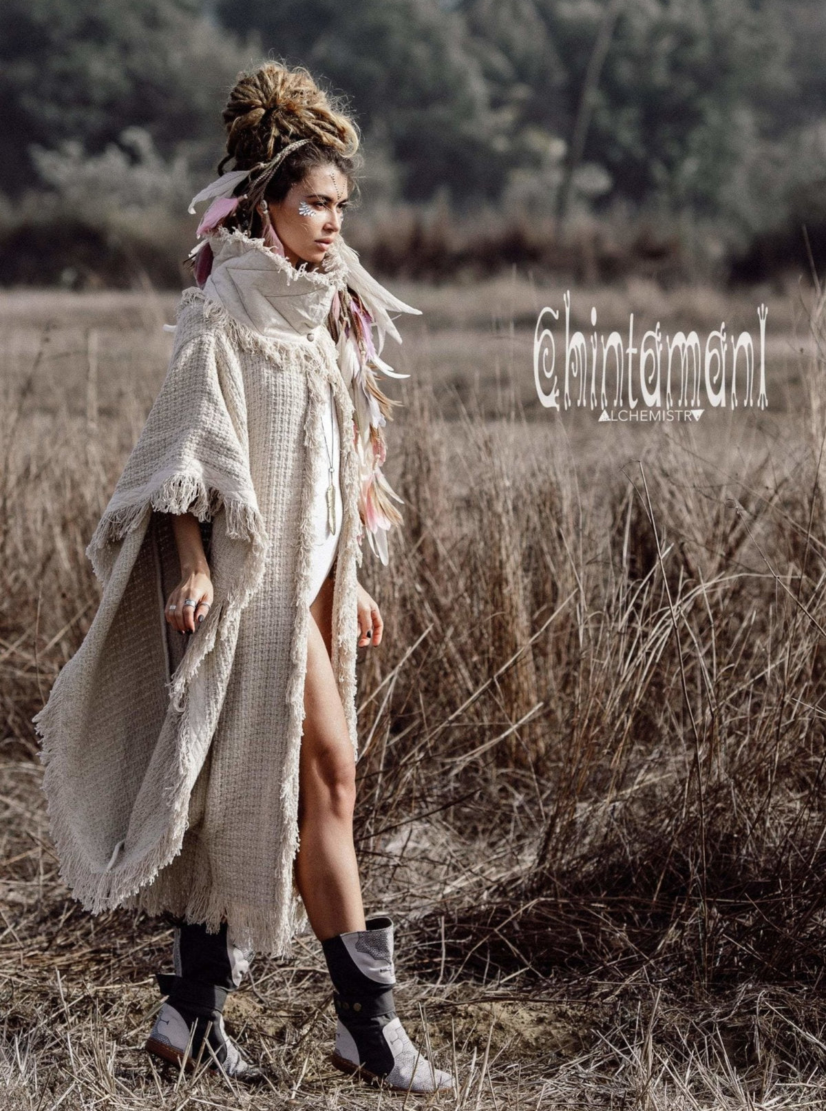 Burning Man Poncho Coat for Women / Freaky Kaftan Jacket with Wide Sleeves / Off White - ChintamaniAlchemi