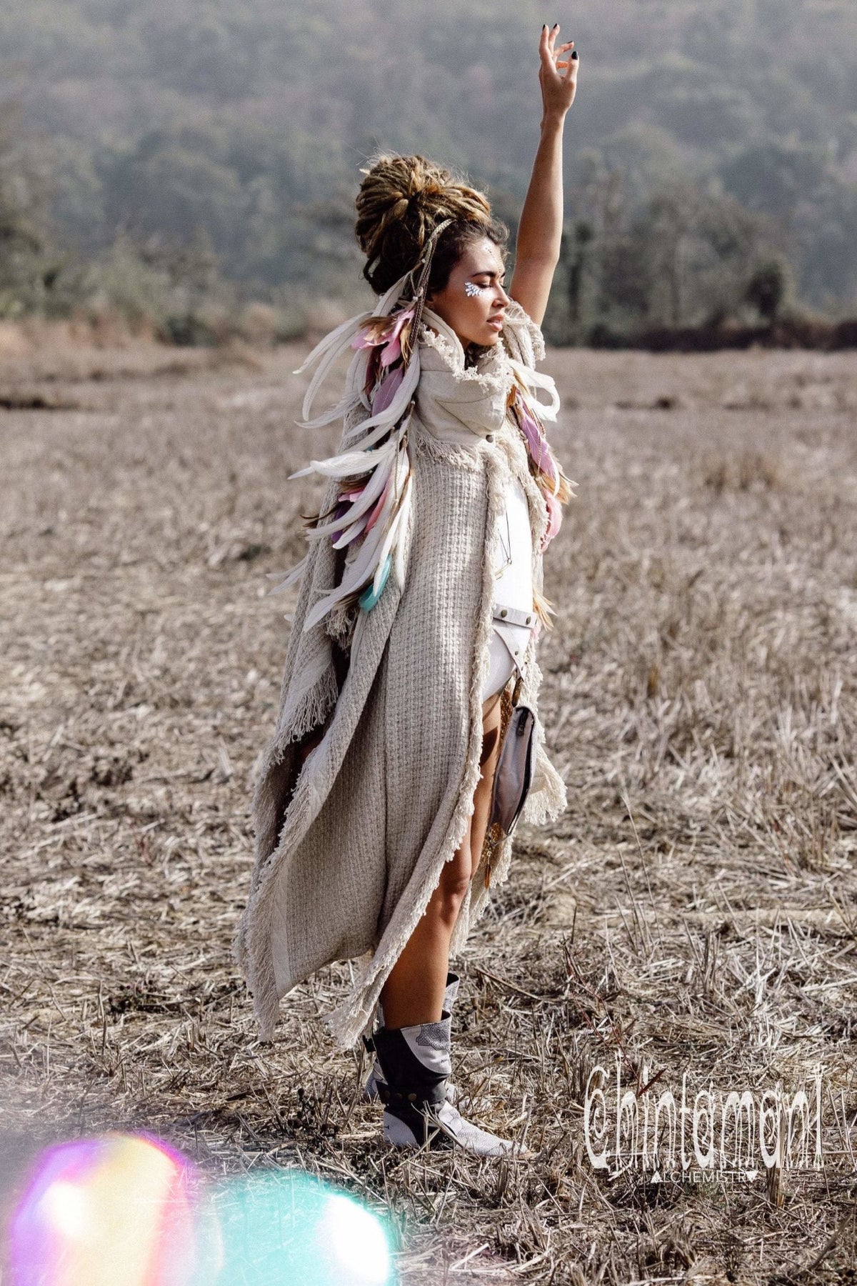 Burning Man Poncho Coat for Women / Freaky Kaftan Jacket with Wide Sleeves / Off White - ChintamaniAlchemi