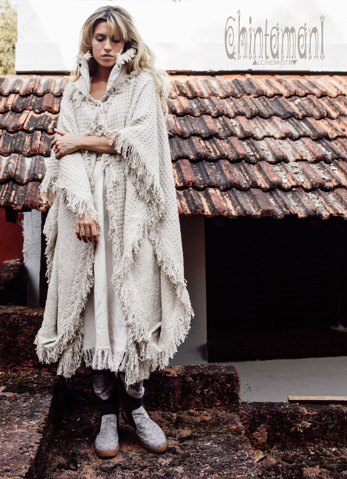 Burning Man Poncho Coat for Women / Freaky Kaftan Jacket with Wide Sleeves / Off White - ChintamaniAlchemi