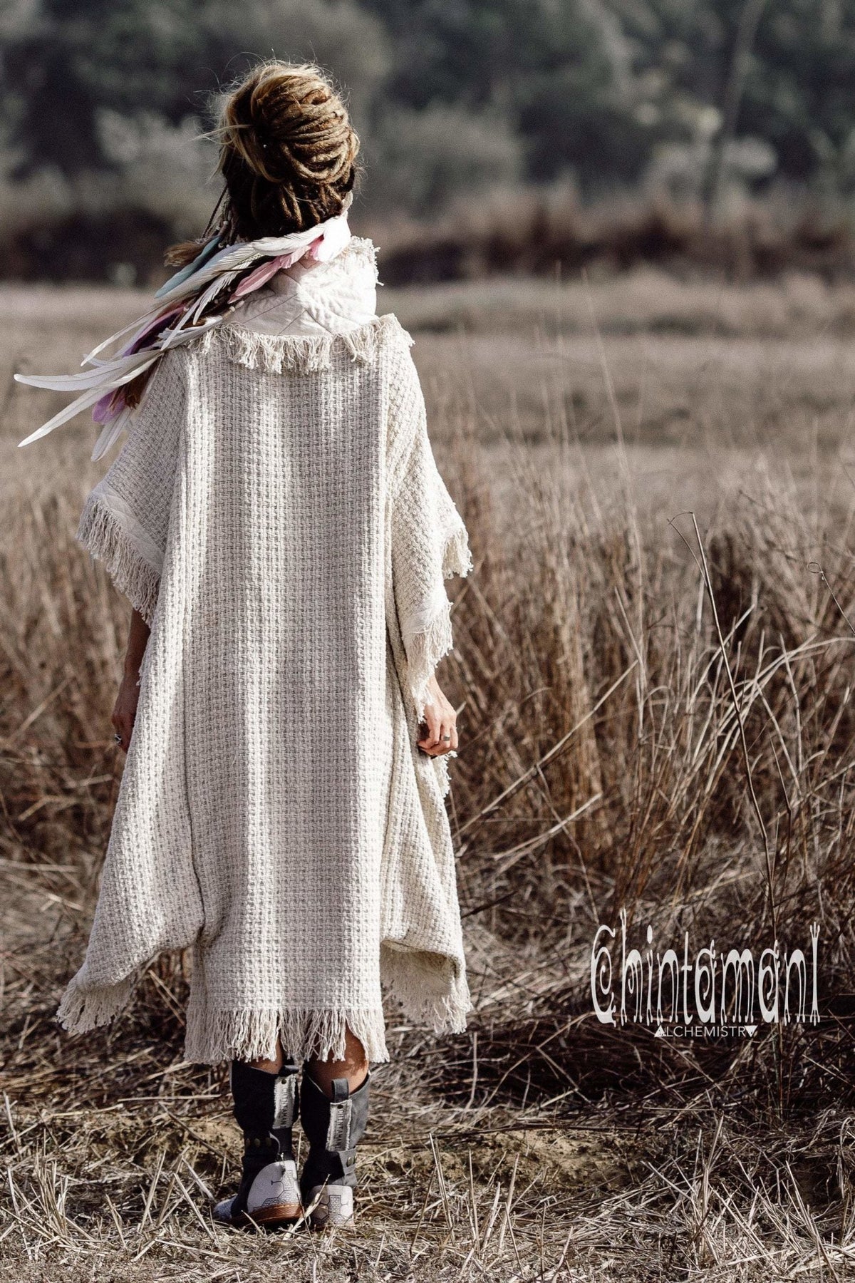 Burning Man Poncho Coat for Women / Freaky Kaftan Jacket with Wide Sleeves / Off White - ChintamaniAlchemi