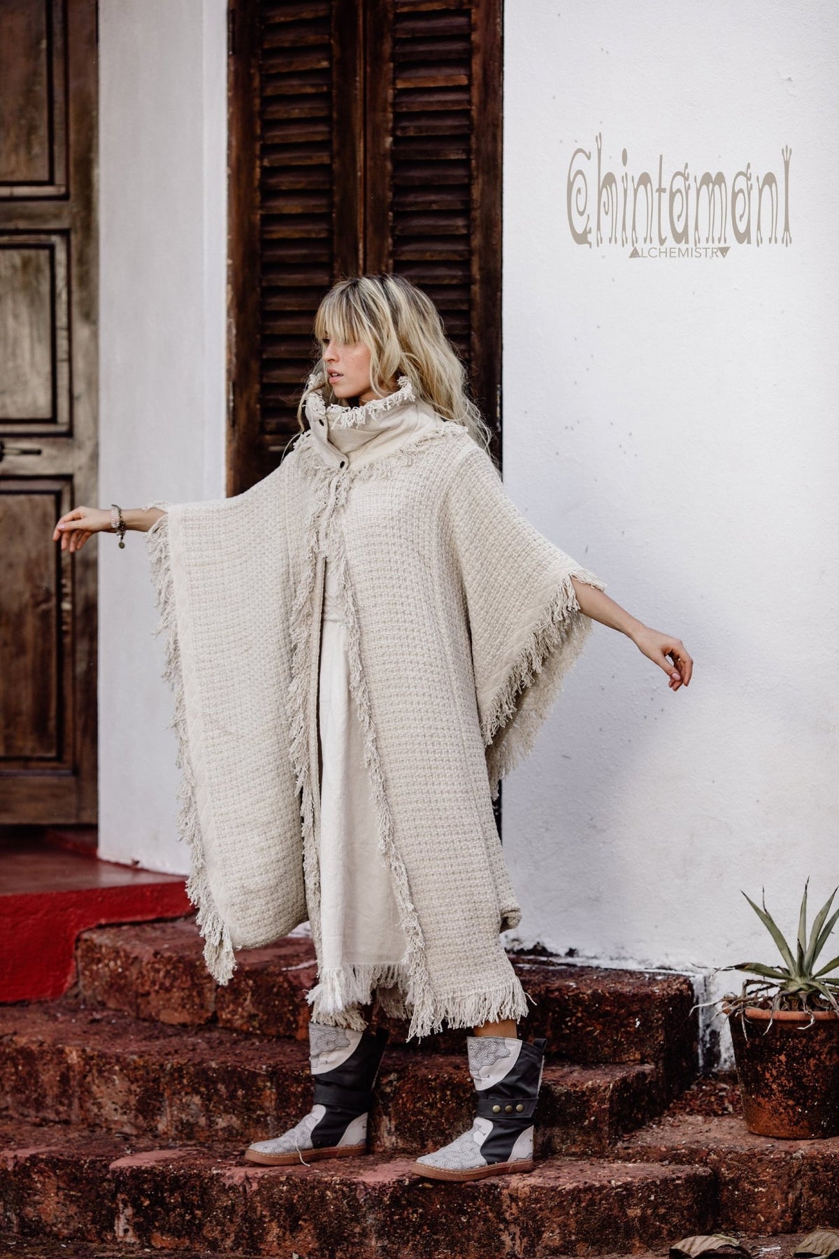 Burning Man Poncho Coat for Women / Freaky Kaftan Jacket with Wide Sleeves / Off White - ChintamaniAlchemi