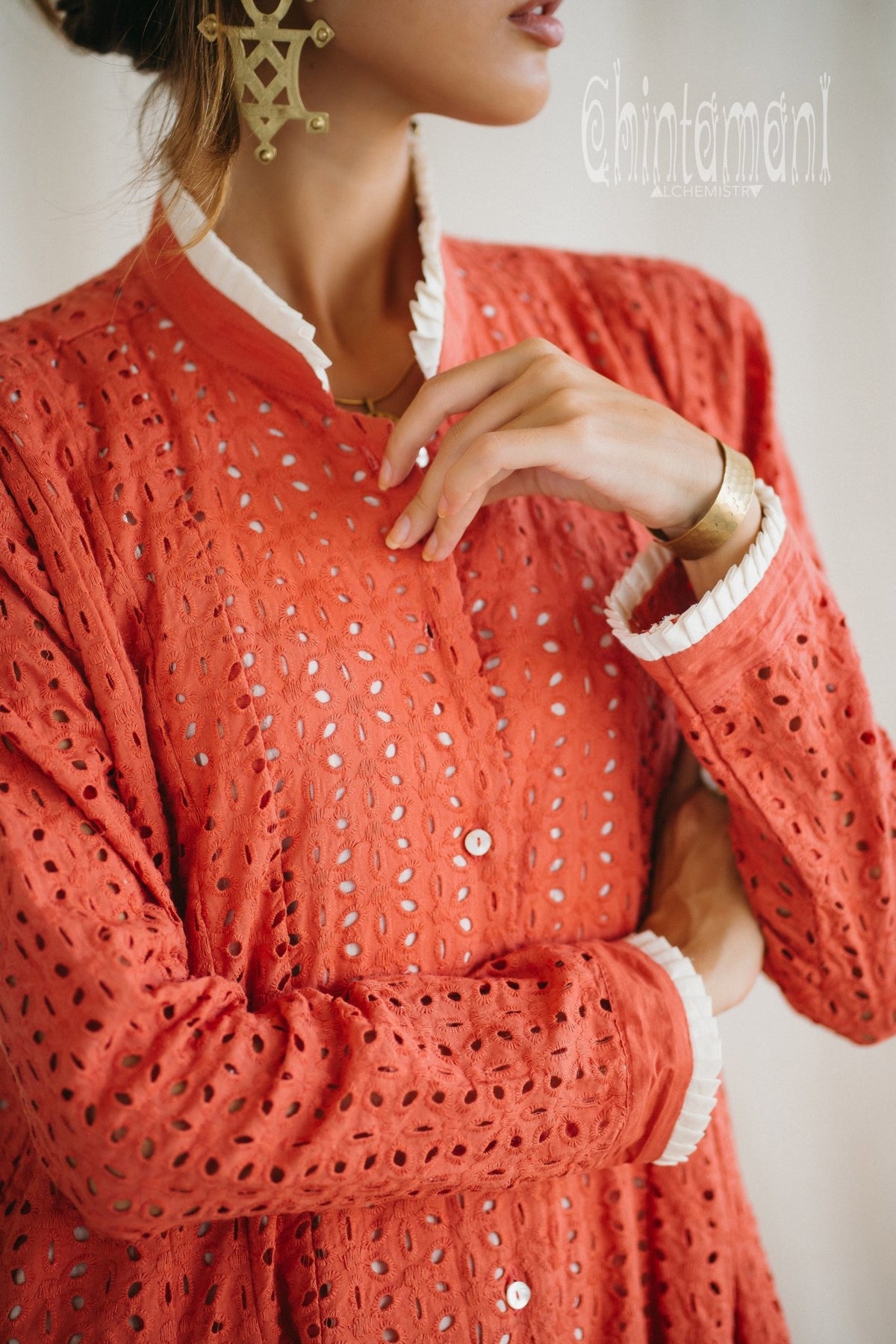 Certified Organic Cotton Maxi Shirt Dress / Coral Rose - ChintamaniAlchemi